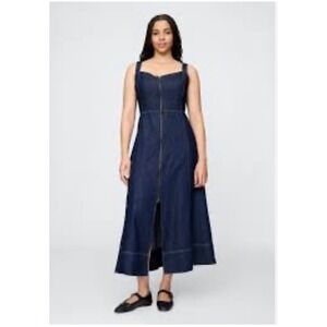 Gap UltraSoft Denim Front-Zip Maxi Dress Blue Smocked Size Small Tall Indigo